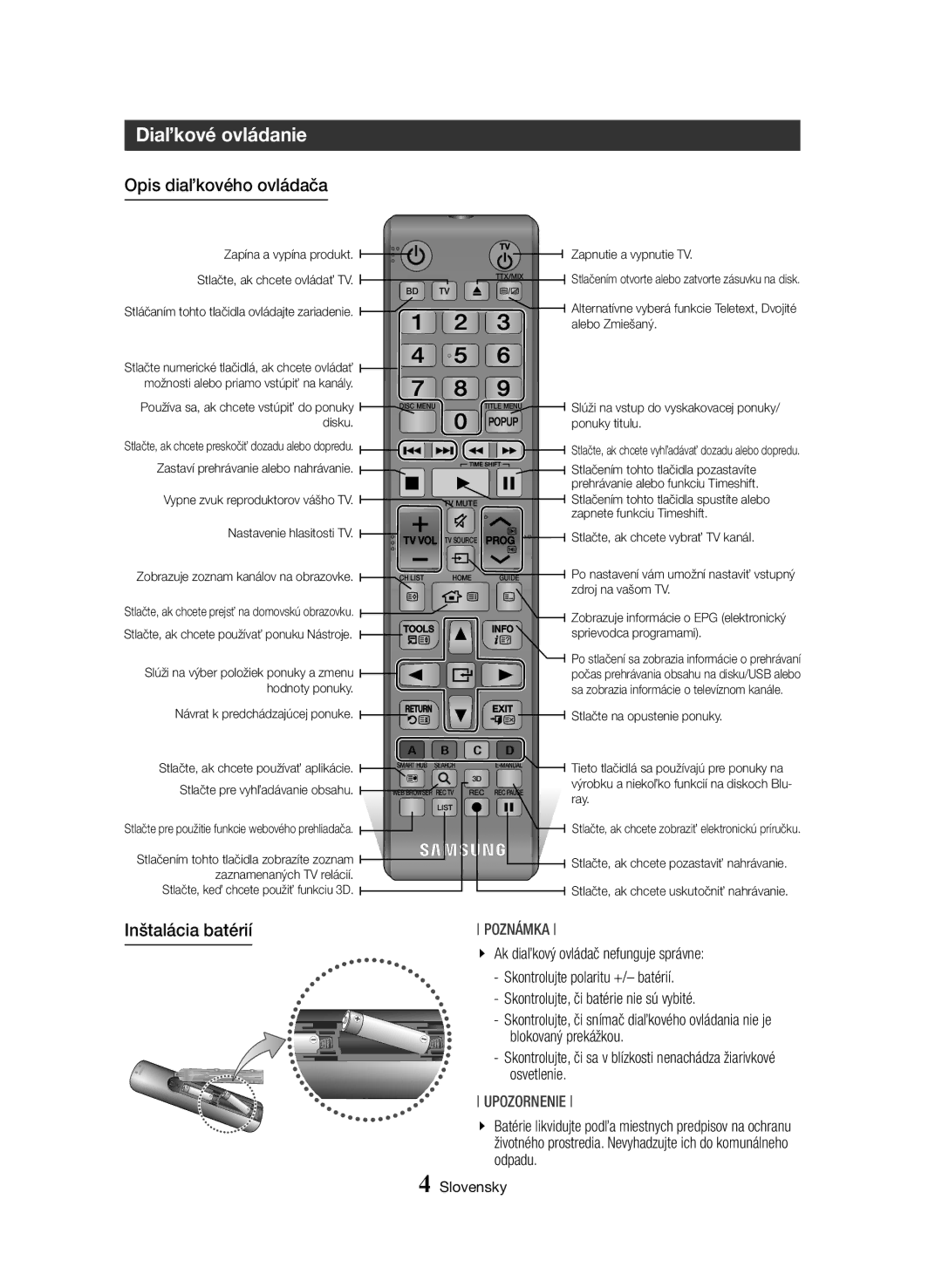 Samsung BD-H8900/EN, BD-H8500/EN, BD-H8900/ZF, BD-H8500/ZF Diaľkové ovládanie, Opis diaľkového ovládača, Inštalácia batérií 