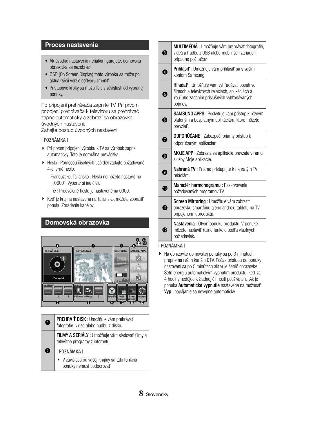 Samsung BD-H8900M/XU, BD-H8500/EN, BD-H8900/EN, BD-H8900/ZF, BD-H8500/ZF, BD-H8500M/XU Proces nastavenia, Domovská obrazovka 