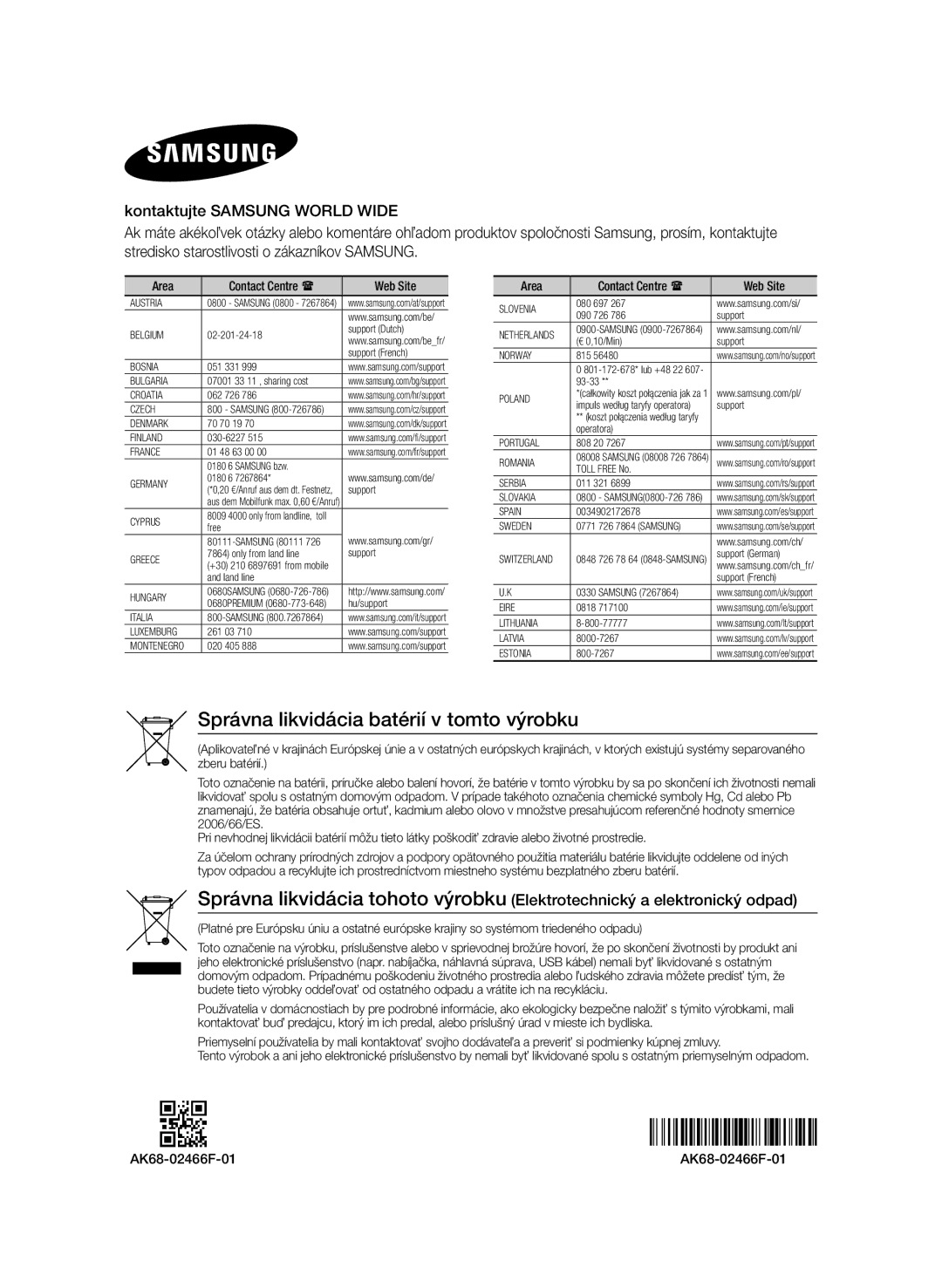 Samsung BD-H8500/EN, BD-H8900/EN, BD-H8900/ZF, BD-H8500/ZF, BD-H8500M/XU manual Správna likvidácia batérií v tomto výrobku 