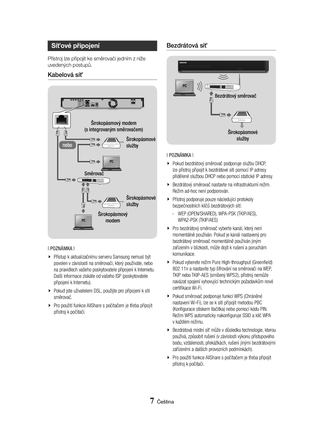 Samsung BD-H8900/EN, BD-H8500/EN, BD-H8900/ZF, BD-H8500/ZF, BD-H8500M/XU manual Síťové připojení, Kabelová síť, Bezdrátová síť 