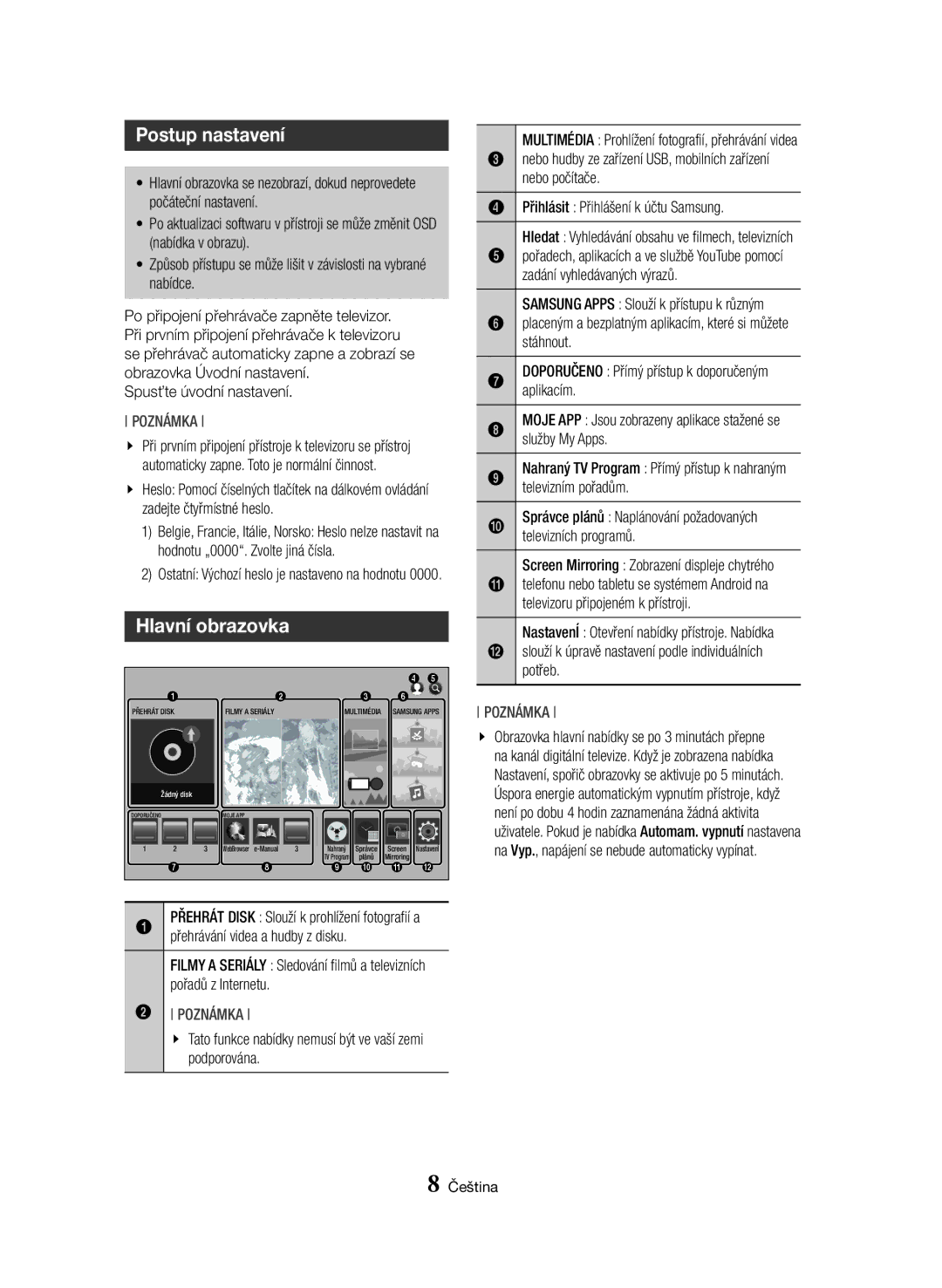 Samsung BD-H8900/ZF, BD-H8500/EN, BD-H8900/EN, BD-H8500/ZF, BD-H8500M/XU, BD-H8900M/XU manual Postup nastavení, Hlavní obrazovka 