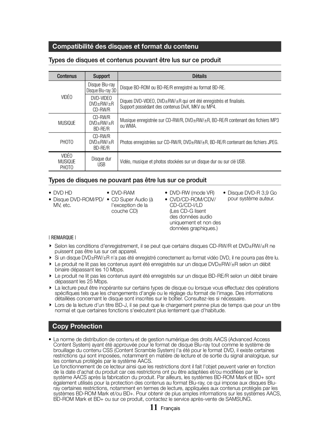 Samsung BD-H8500/ZF, BD-H8500/EN, BD-H8900/ZF manual Compatibilité des disques et format du contenu, Copy Protection 