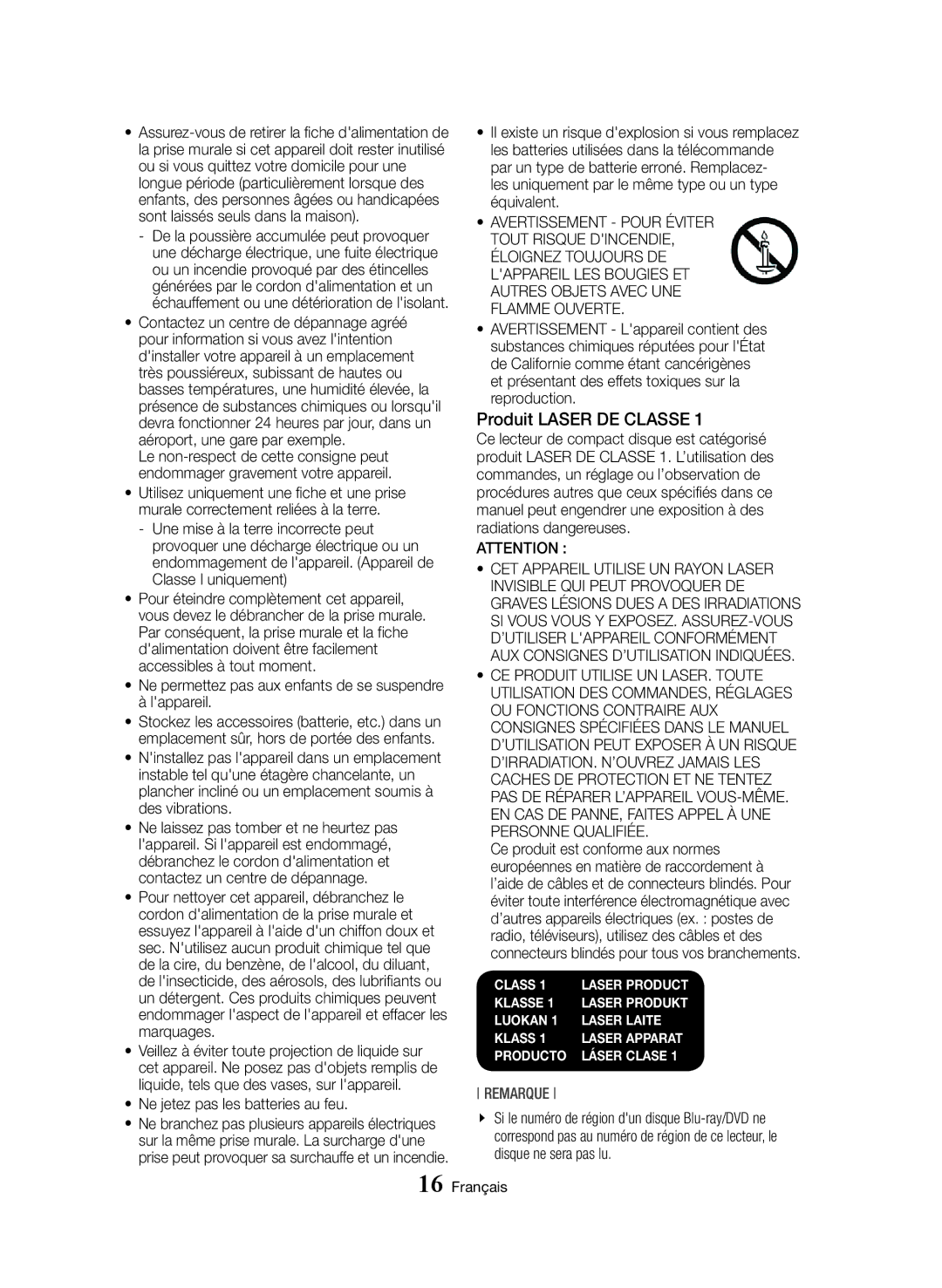 Samsung BD-H8900/ZF, BD-H8500/EN, BD-H8500/ZF manual Produit Laser DE Classe, Ne jetez pas les batteries au feu 