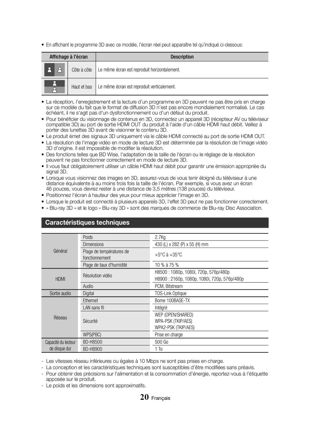 Samsung BD-H8500/ZF, BD-H8500/EN Caractéristiques techniques, Wep Open/Shared, Wpa-Psk Tkip/Aes, WPA2-PSK TKIP/AES, Wpspbc 