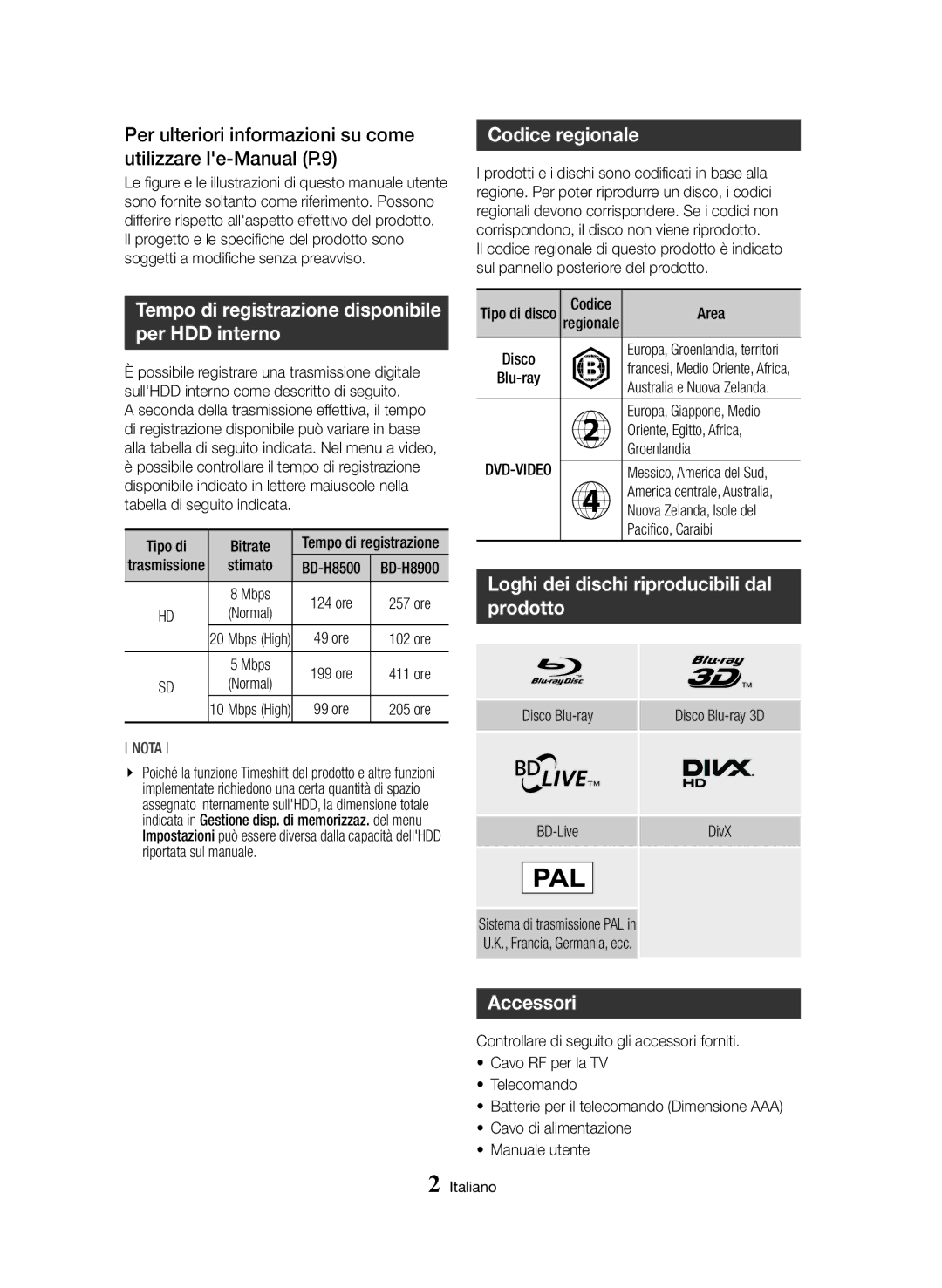 Samsung BD-H8500/EN, BD-H8900/ZF Per ulteriori informazioni su come utilizzare le-Manual P.9, Codice regionale, Accessori 