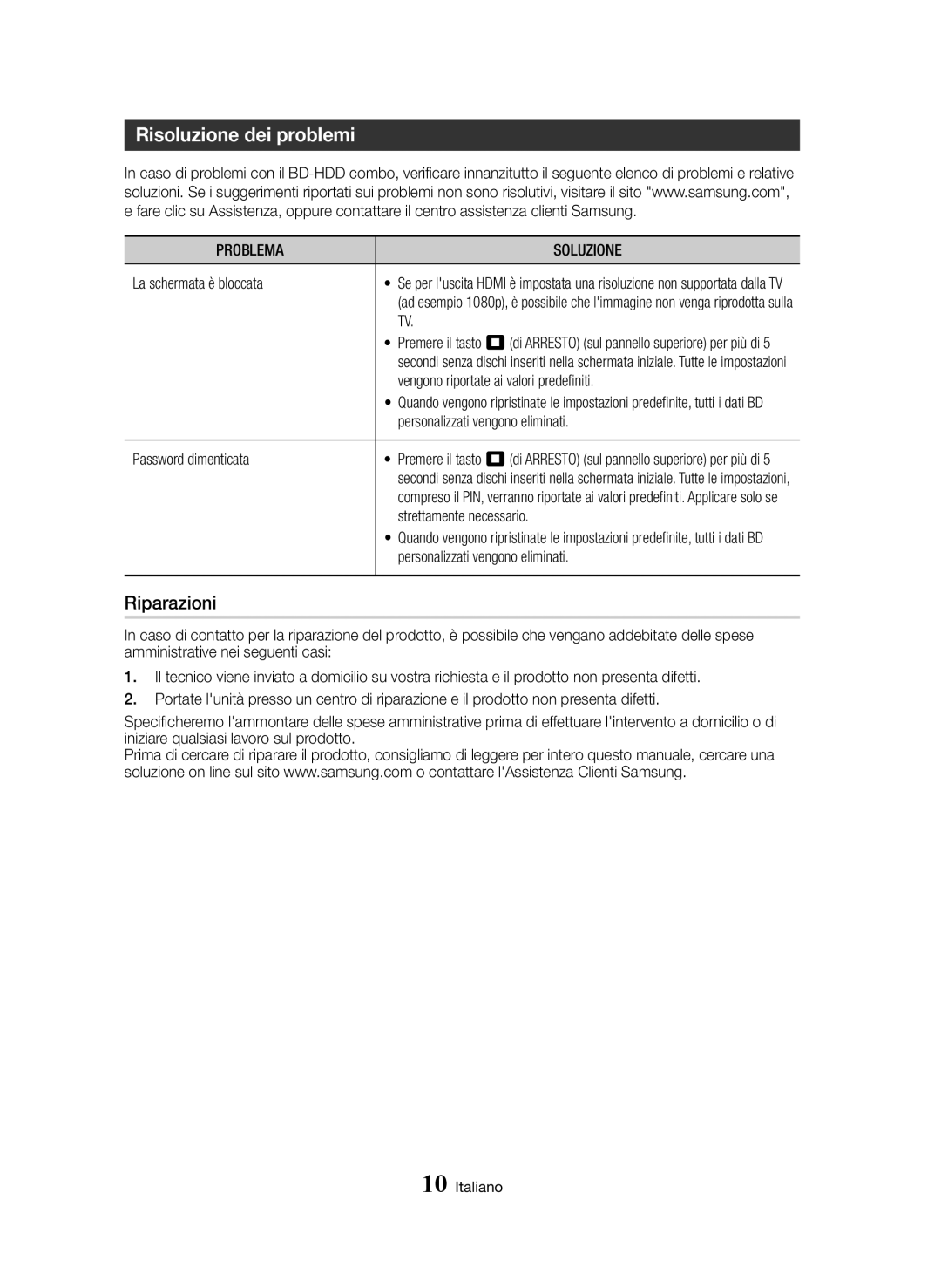 Samsung BD-H8500/ZF, BD-H8500/EN, BD-H8900/ZF manual Risoluzione dei problemi, Riparazioni, Problema Soluzione 