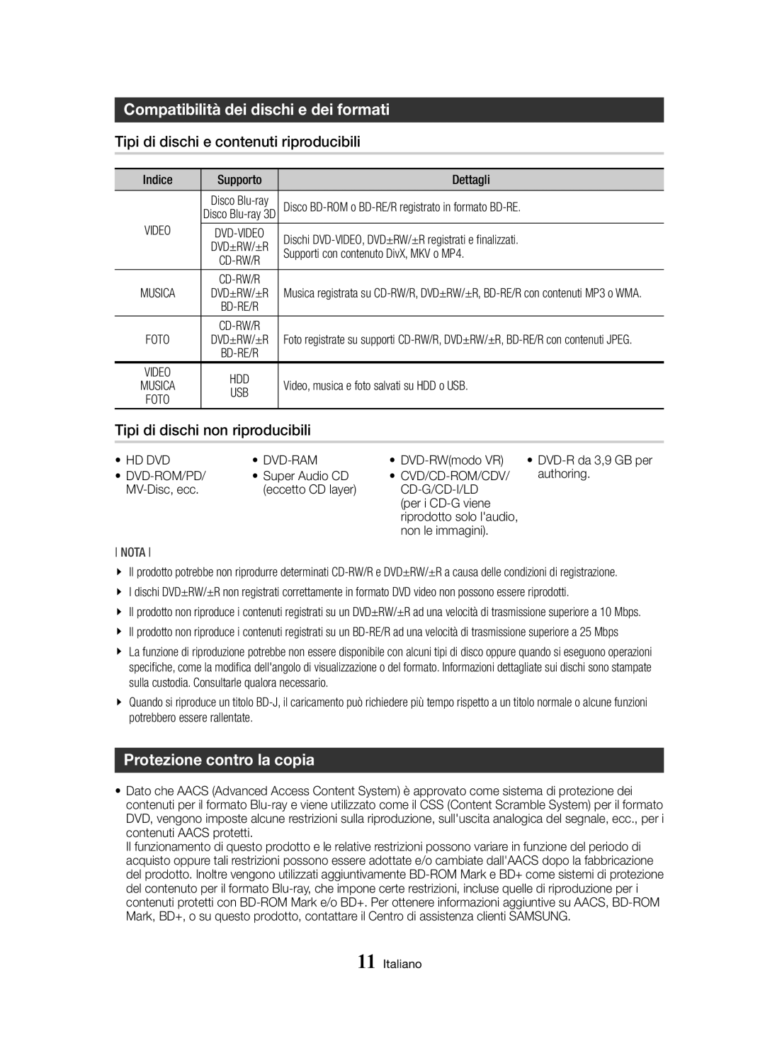 Samsung BD-H8500/EN, BD-H8900/ZF manual Compatibilità dei dischi e dei formati, Tipi di dischi e contenuti riproducibili 