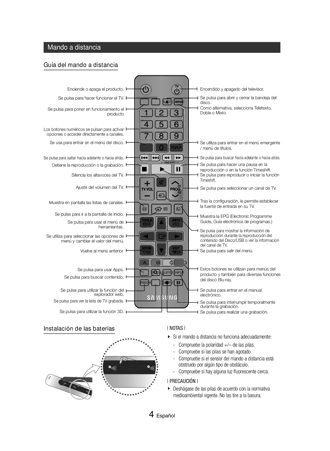 Samsung BD-H8500/EN, BD-H8900/ZF, BD-H8500/ZF Mando a distancia, Guía del mando a distancia, Instalación de las baterías 