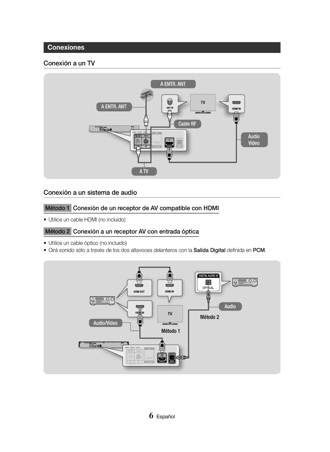 Samsung BD-H8500/ZF, BD-H8500/EN, BD-H8900/ZF manual Conexiones, Conexión a un TV, Conexión a un sistema de audio 