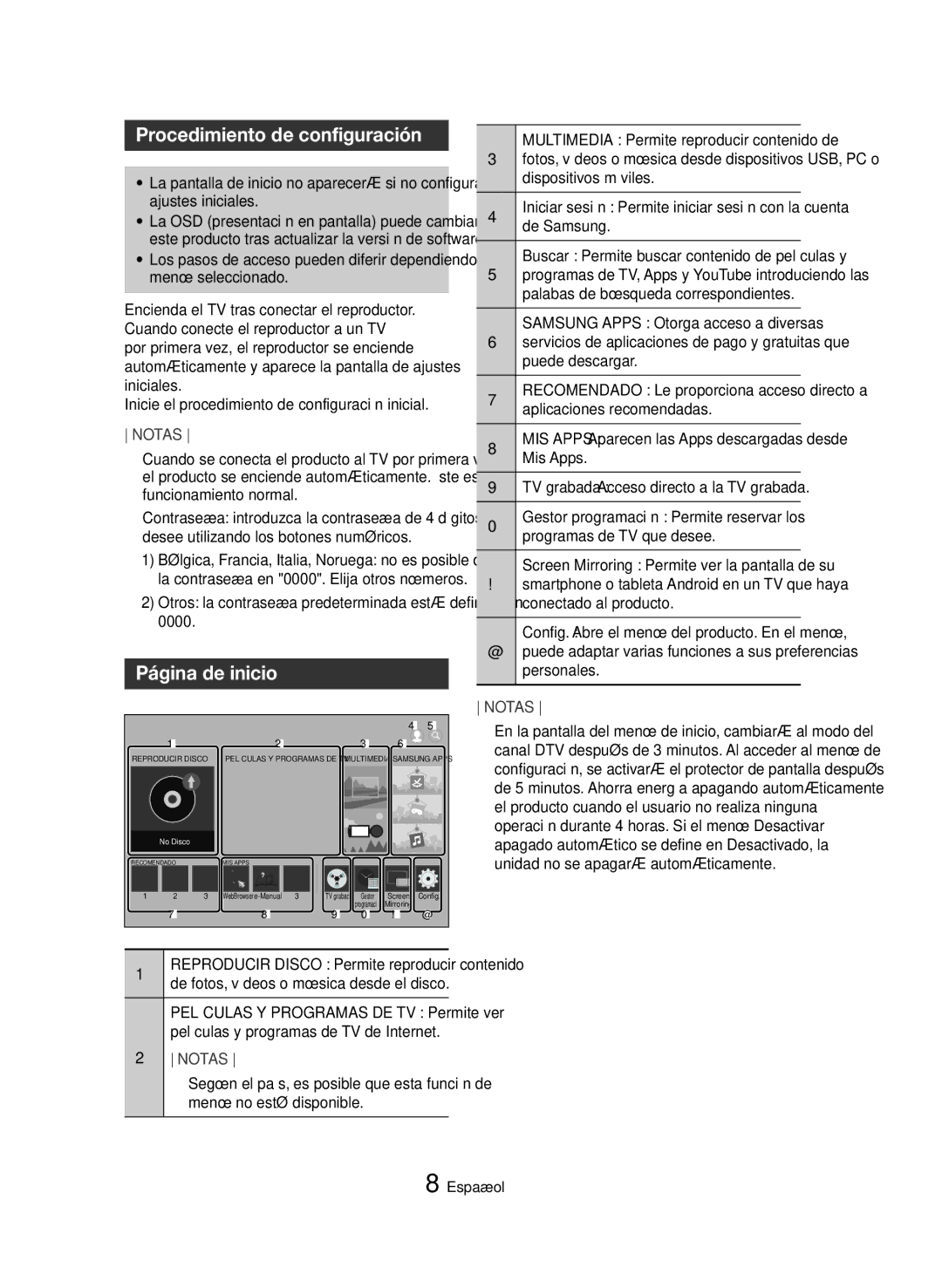 Samsung BD-H8900/ZF, BD-H8500/EN, BD-H8500/ZF manual Procedimiento de configuración, Página de inicio 