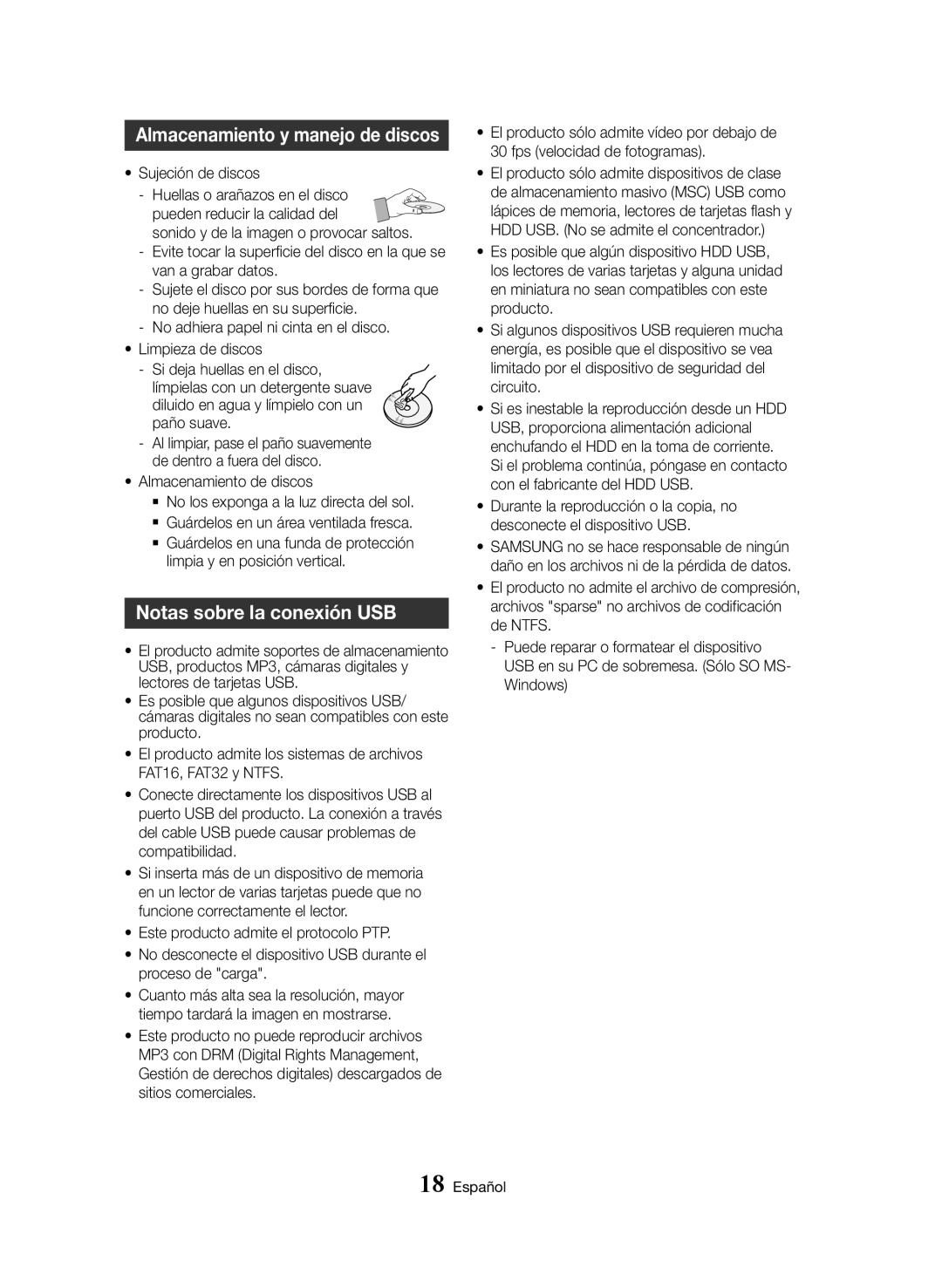 Samsung BD-H8500/ZF, BD-H8500/EN manual Notas sobre la conexión USB, Almacenamiento de discos, Limpia y en posición vertical 