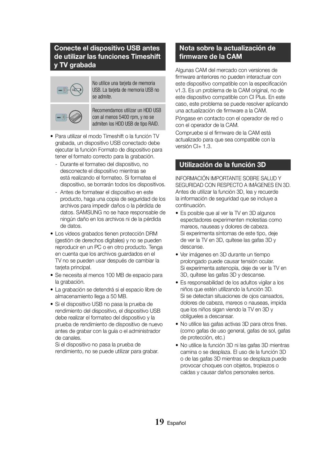 Samsung BD-H8500/EN, BD-H8900/ZF manual Nota sobre la actualización de firmware de la CAM, Utilización de la función 3D 