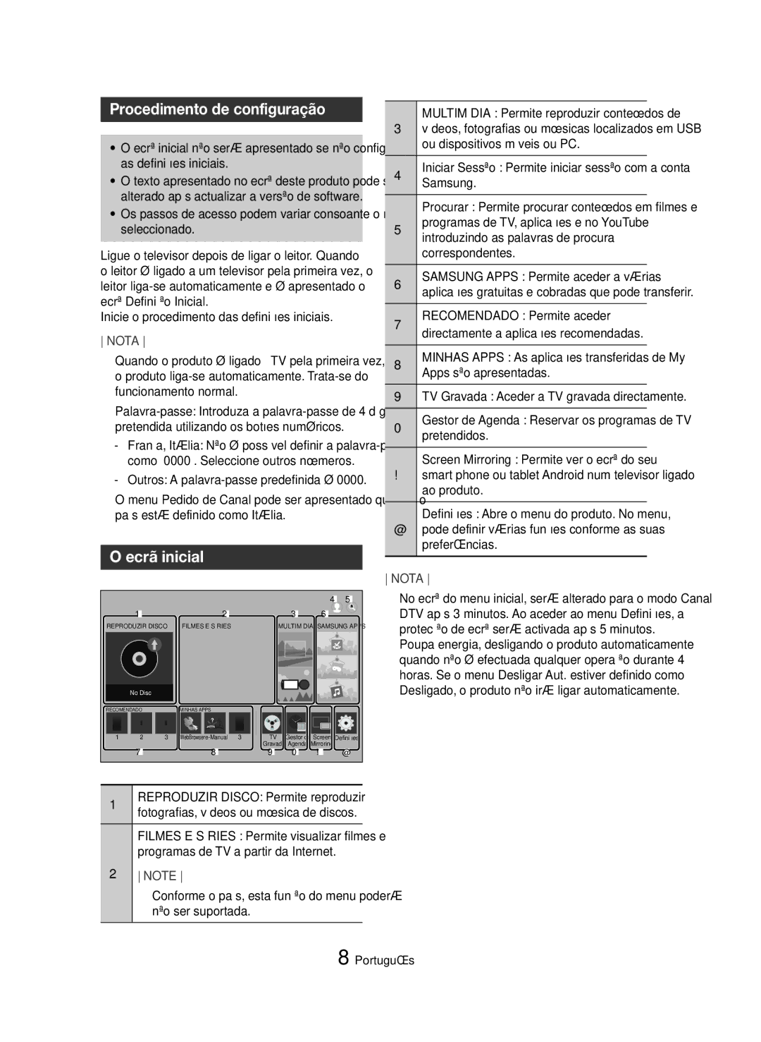 Samsung BD-H8500/ZF, BD-H8500/EN, BD-H8900/ZF manual Procedimento de configuração, Ecrã inicial 