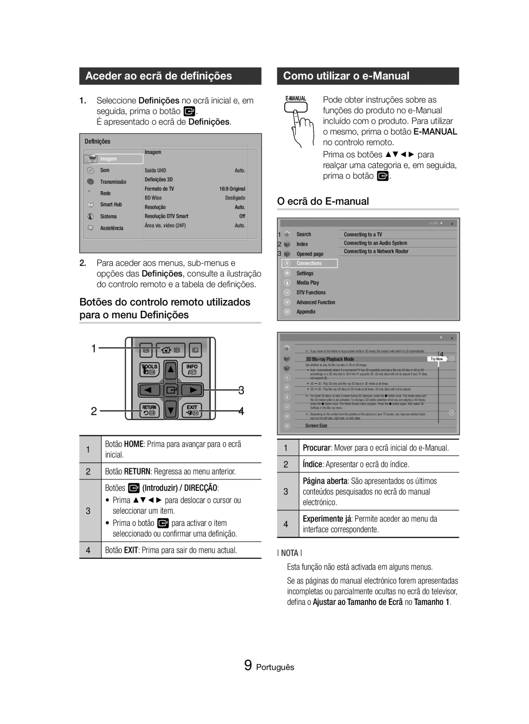 Samsung BD-H8500/EN, BD-H8900/ZF, BD-H8500/ZF Aceder ao ecrã de definições, Como utilizar o e-Manual, Ecrã do E-manual 