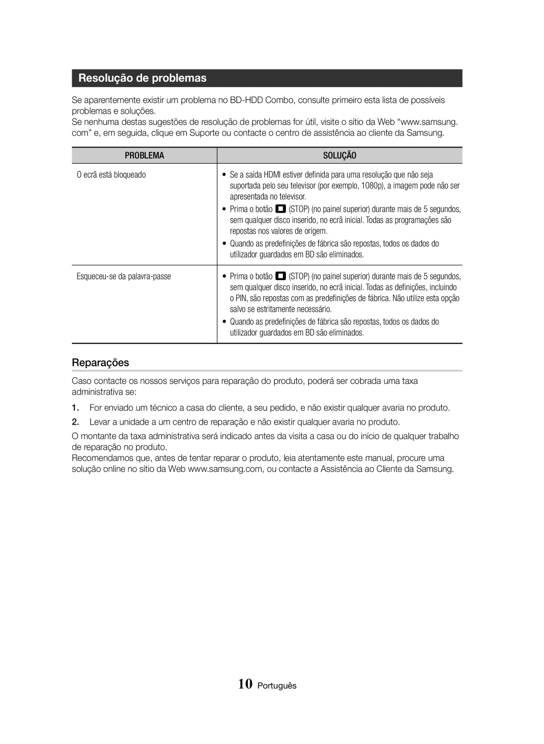 Samsung BD-H8900/ZF, BD-H8500/EN, BD-H8500/ZF manual Resolução de problemas, Reparações, Problema Solução 