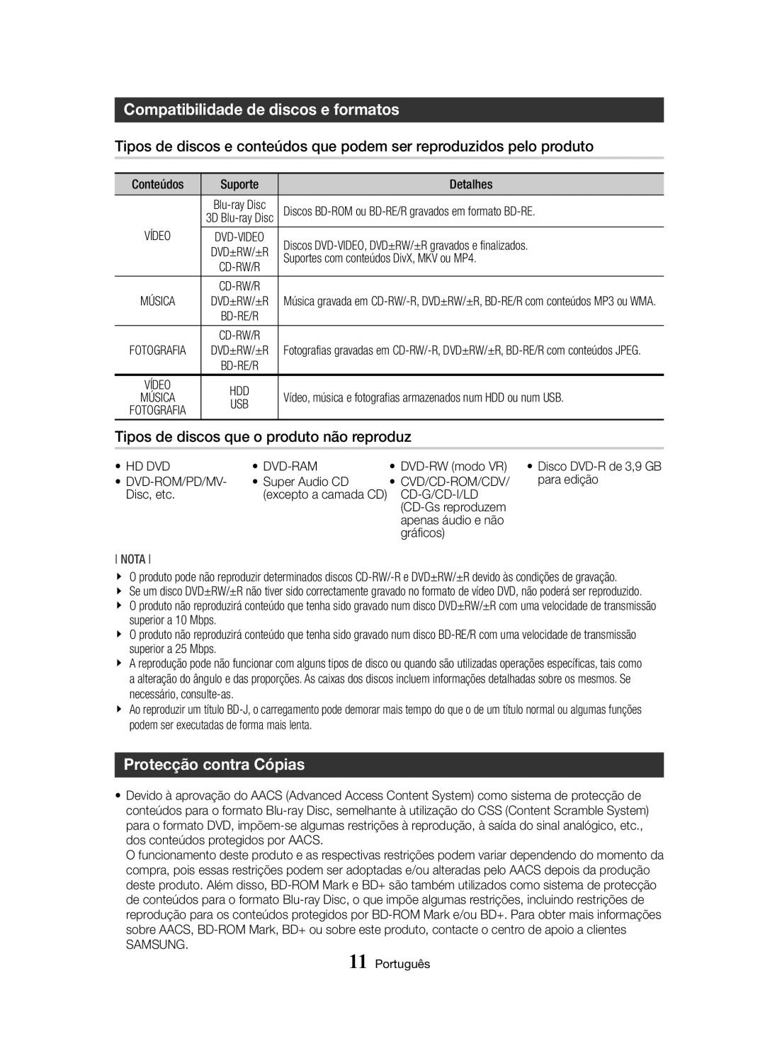 Samsung BD-H8500/ZF manual Compatibilidade de discos e formatos, Tipos de discos que o produto não reproduz, Dvd-Rom/Pd/Mv 