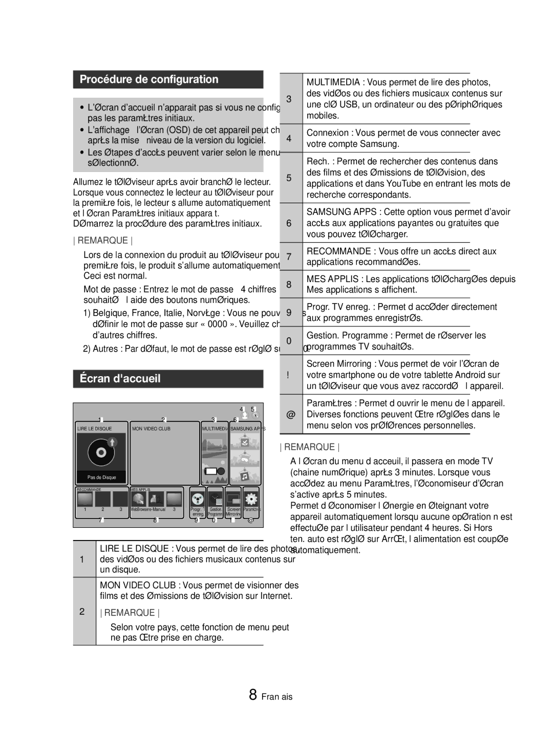 Samsung BD-H8500/ZF, BD-H8500/EN, BD-H8900/ZF manual Procédure de configuration, Écran daccueil 