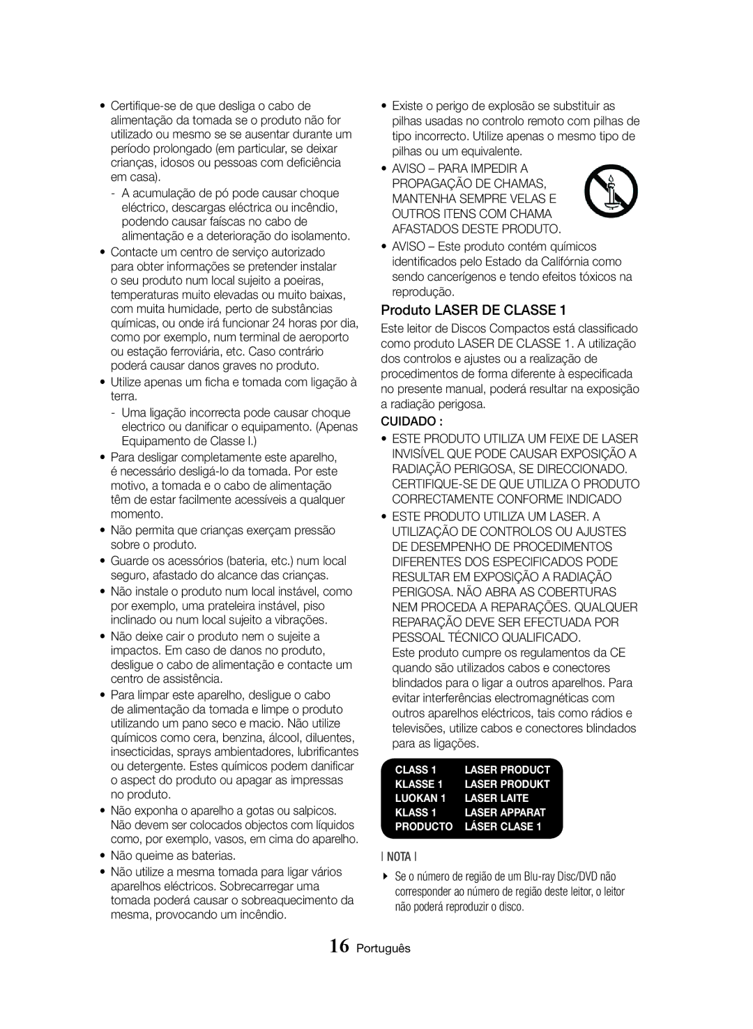 Samsung BD-H8900/ZF Produto Laser DE Classe, Utilize apenas um ficha e tomada com ligação à terra, Não queime as baterias 