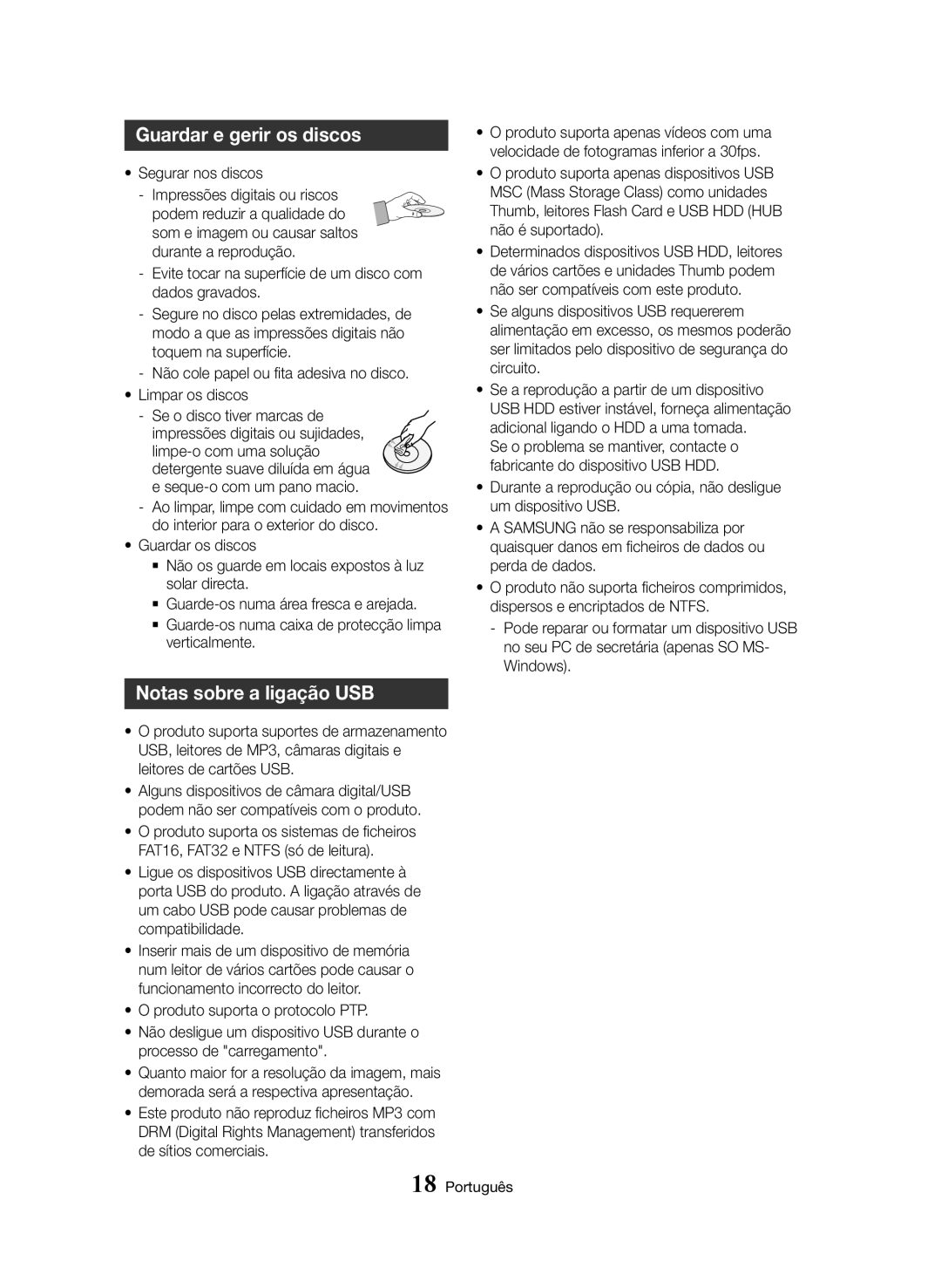 Samsung BD-H8500/EN Guardar e gerir os discos, Notas sobre a ligação USB, Segurar nos discos Impressões digitais ou riscos 