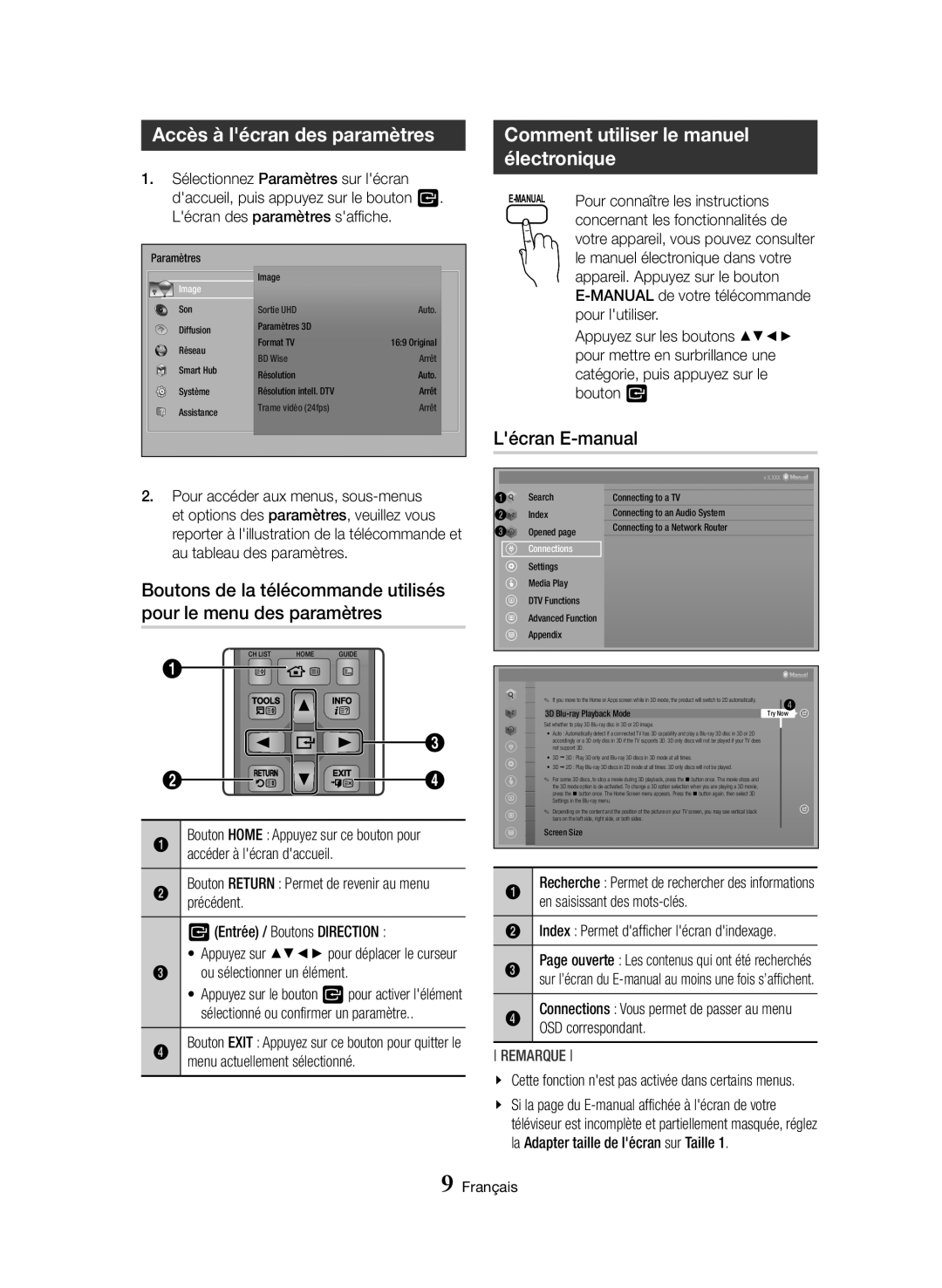 Samsung BD-H8500/EN, BD-H8900/ZF Accès à lécran des paramètres, Comment utiliser le manuel électronique, Lécran E-manual 