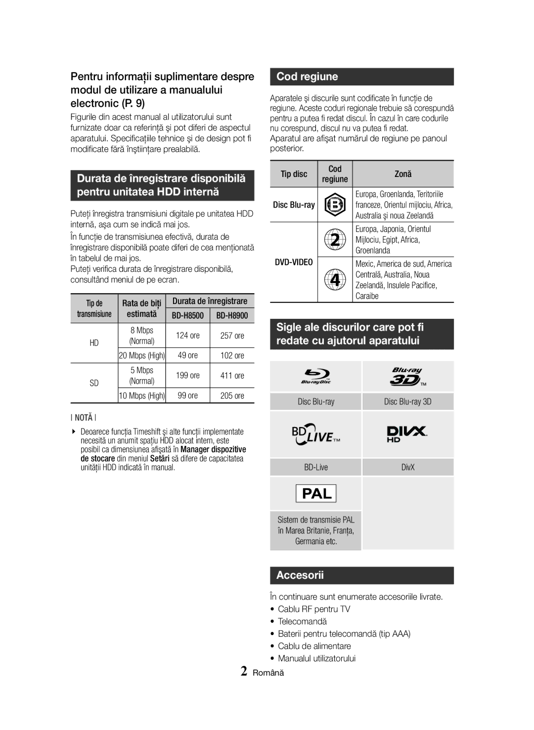 Samsung BD-H8500/EN manual Cod regiune, Accesorii 