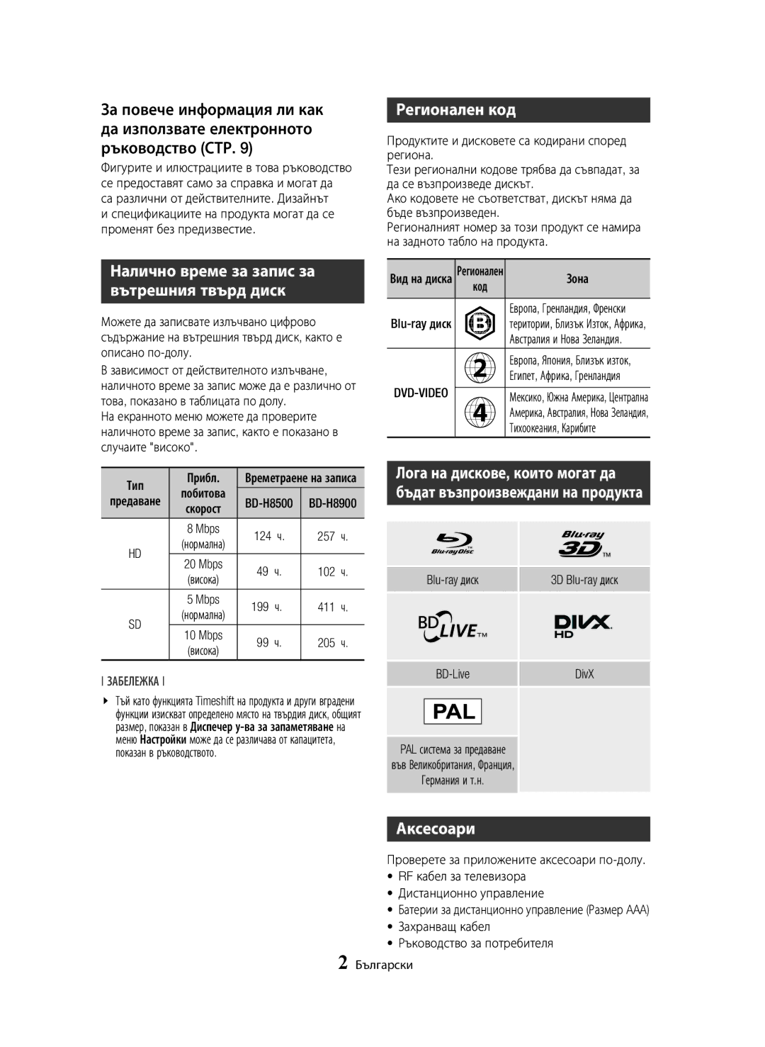 Samsung BD-H8500/EN manual Налично време за запис за вътрешния твърд диск, Регионален код, Аксесоари 