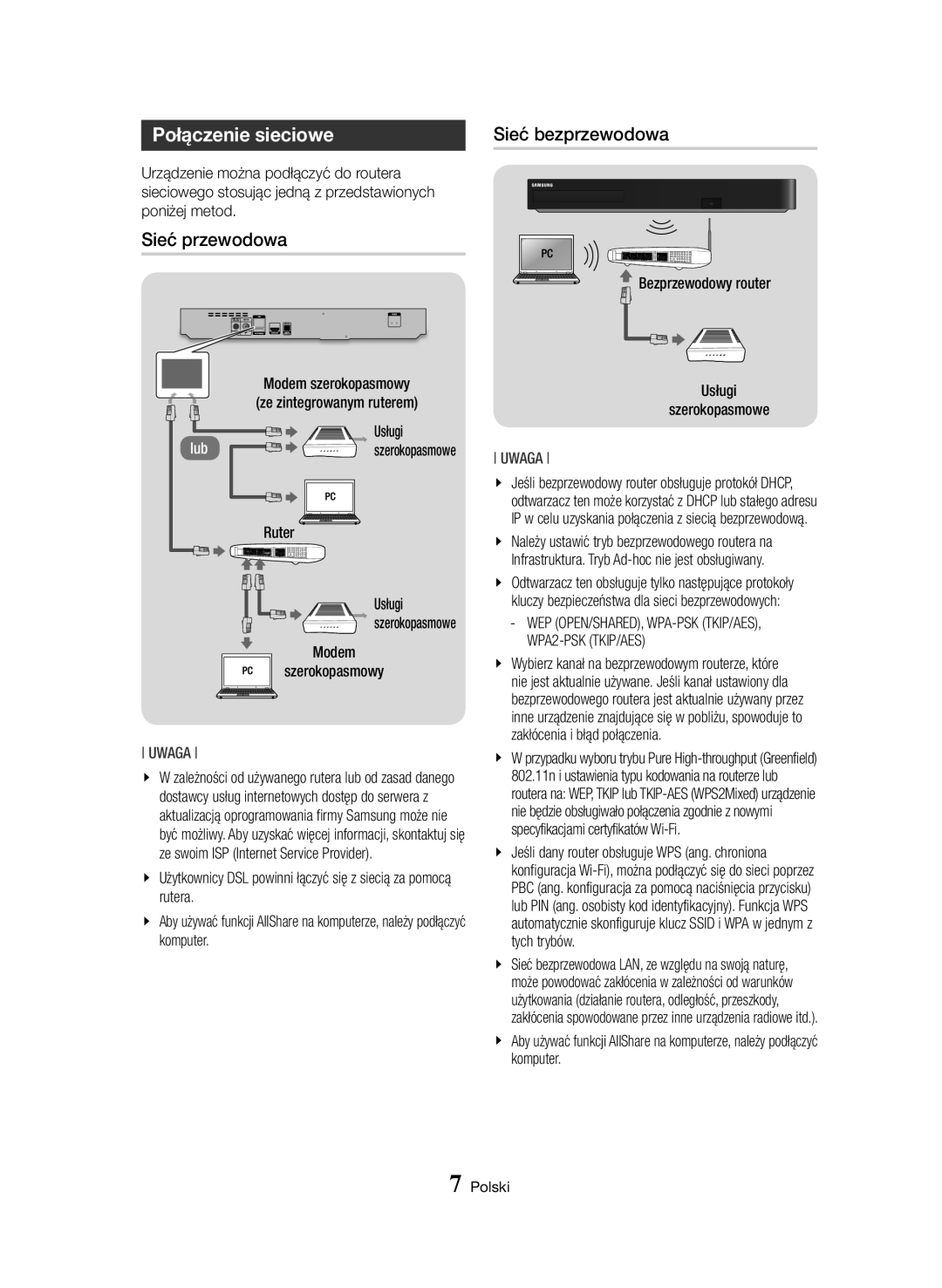 Samsung BD-H8500/EN manual Połączenie sieciowe, Sieć przewodowa, Sieć bezprzewodowa, WPA2-PSK TKIP/AES 