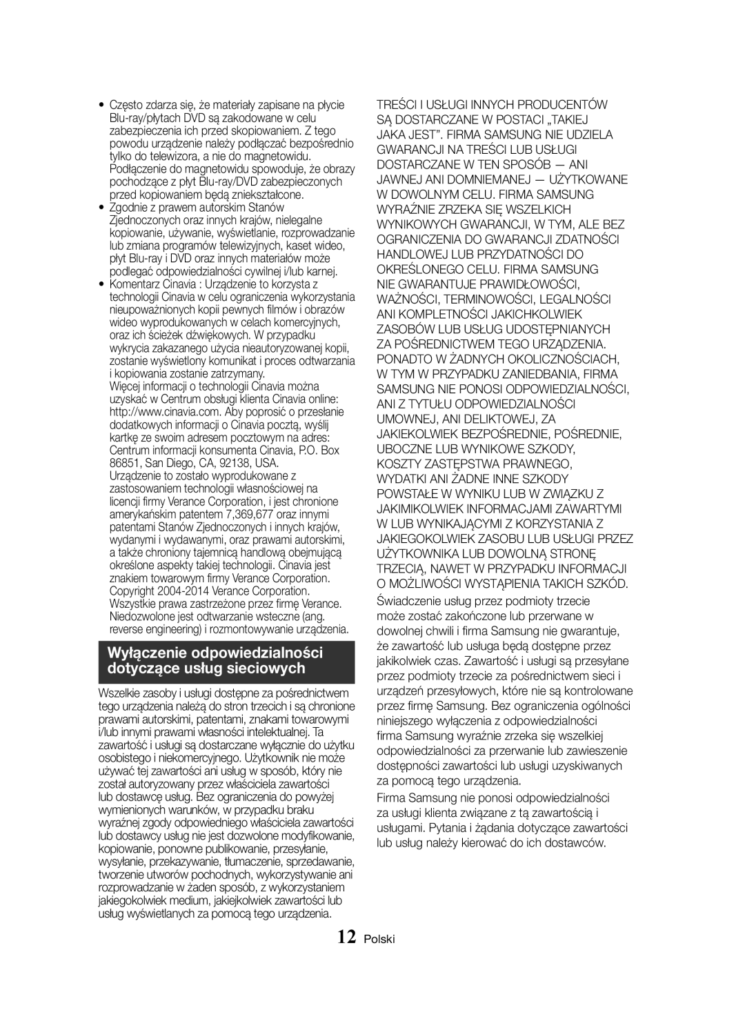 Samsung BD-H8500/EN manual Wyłączenie odpowiedzialności dotyczące usług sieciowych 