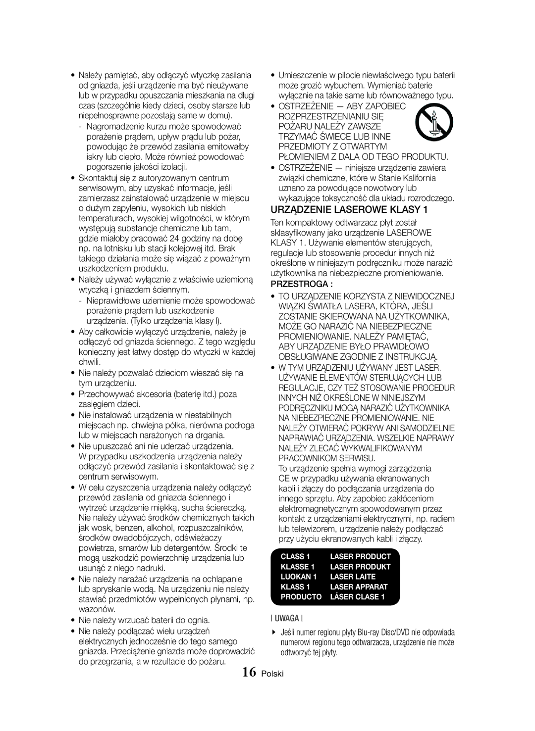 Samsung BD-H8500/EN manual Nie należy wrzucać baterii do ognia, Przestroga 