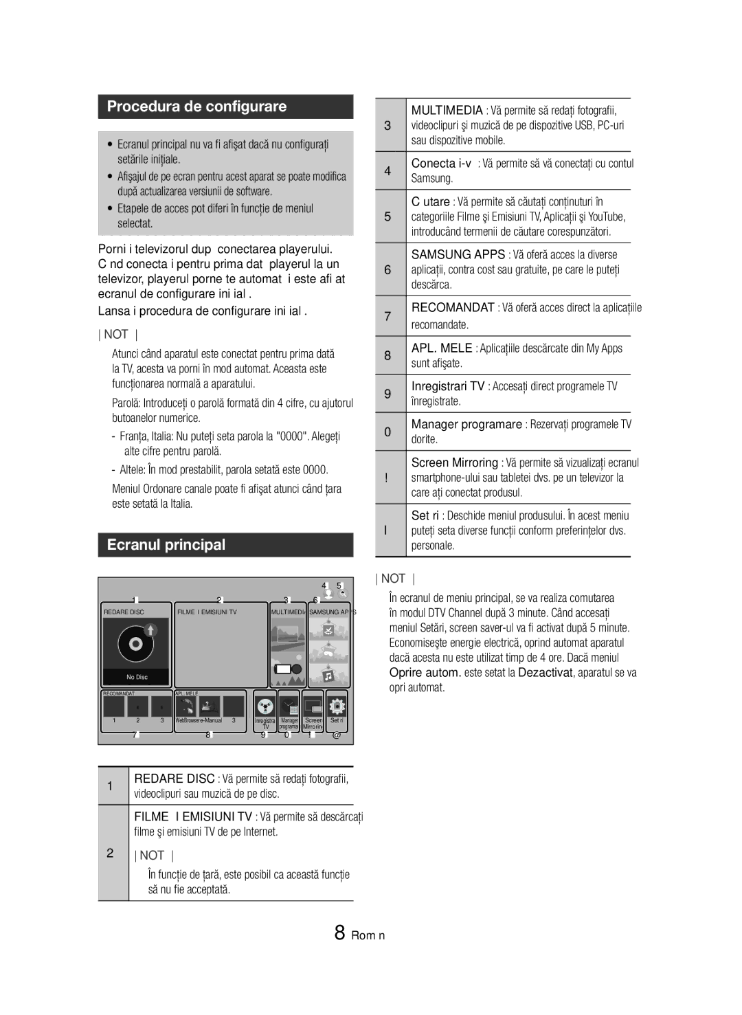 Samsung BD-H8500/EN manual Procedura de configurare, Ecranul principal 