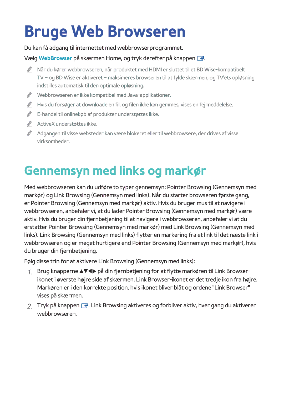 Samsung BD-H8900N/XE, BD-H8500N/XE manual Bruge Web Browseren, Gennemsyn med links og markør 