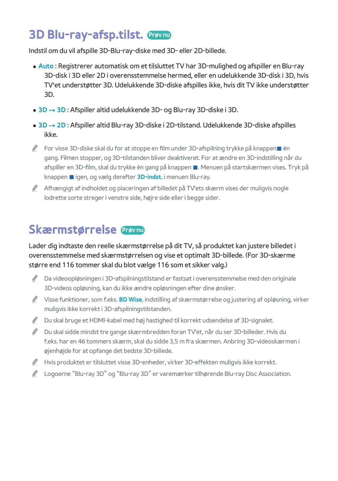 Samsung BD-H8900N/XE, BD-H8500N/XE manual 3D Blu-ray-afsp.tilst. Prøv nu, Skærmstørrelse Prøv nu 