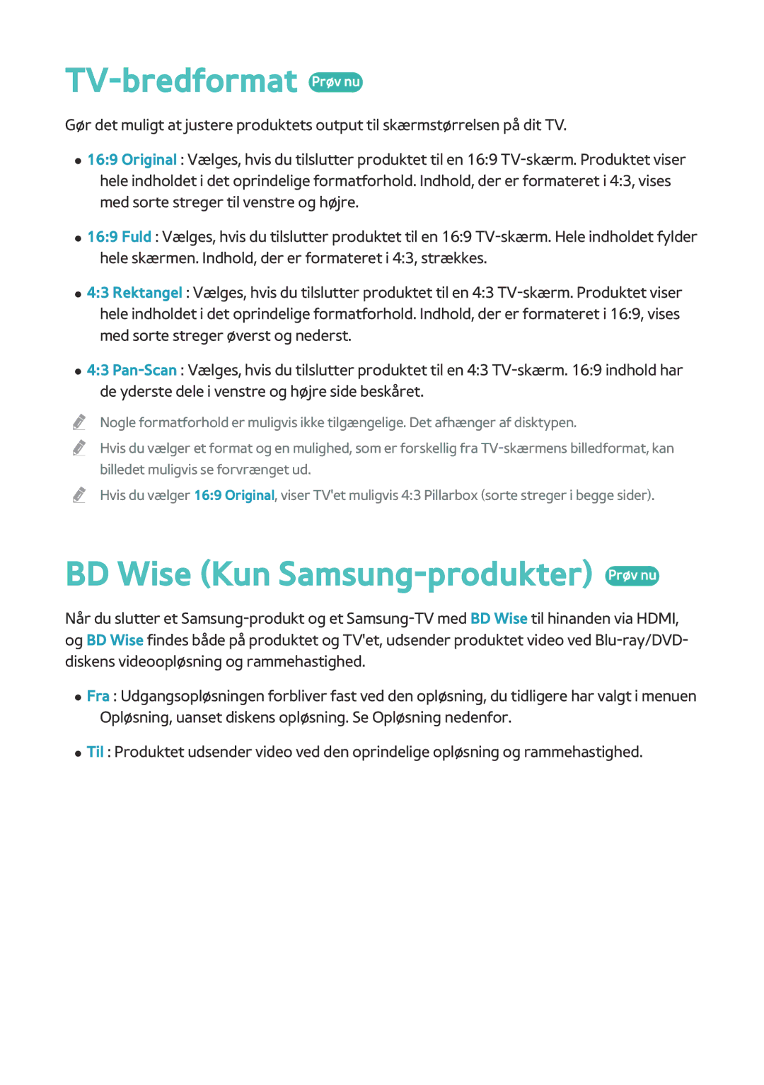 Samsung BD-H8500N/XE, BD-H8900N/XE manual TV-bredformat Prøv nu, BD Wise Kun Samsung-produkter Prøv nu 