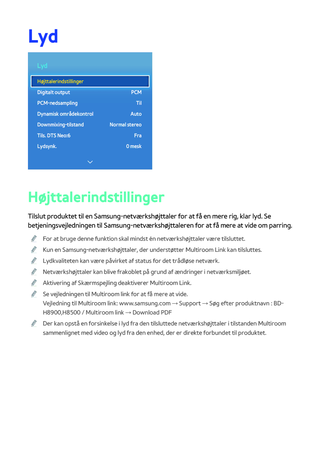 Samsung BD-H8900N/XE, BD-H8500N/XE manual Lyd, Højttalerindstillinger 