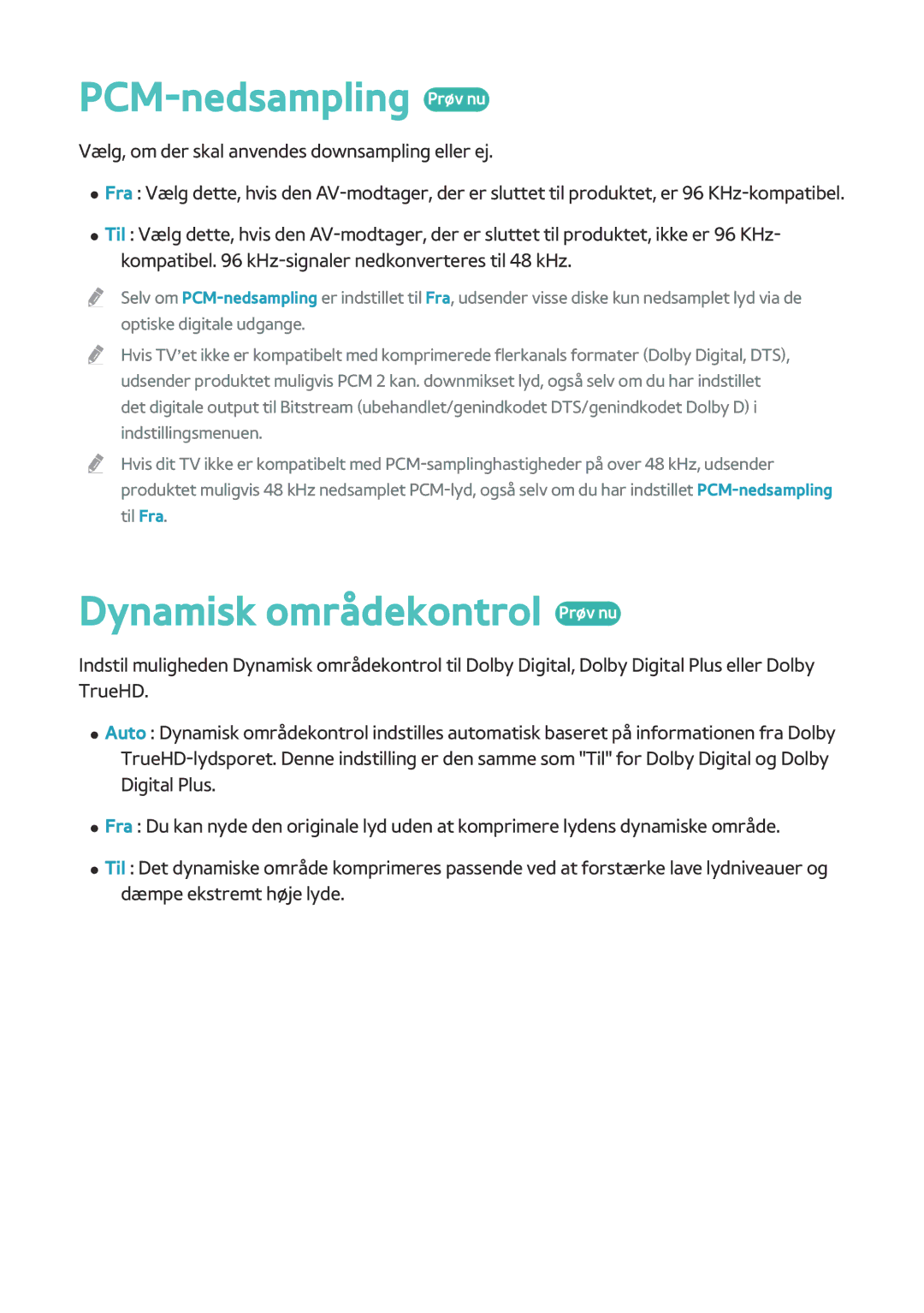 Samsung BD-H8900N/XE, BD-H8500N/XE manual PCM-nedsampling Prøv nu, Dynamisk områdekontrol Prøv nu 