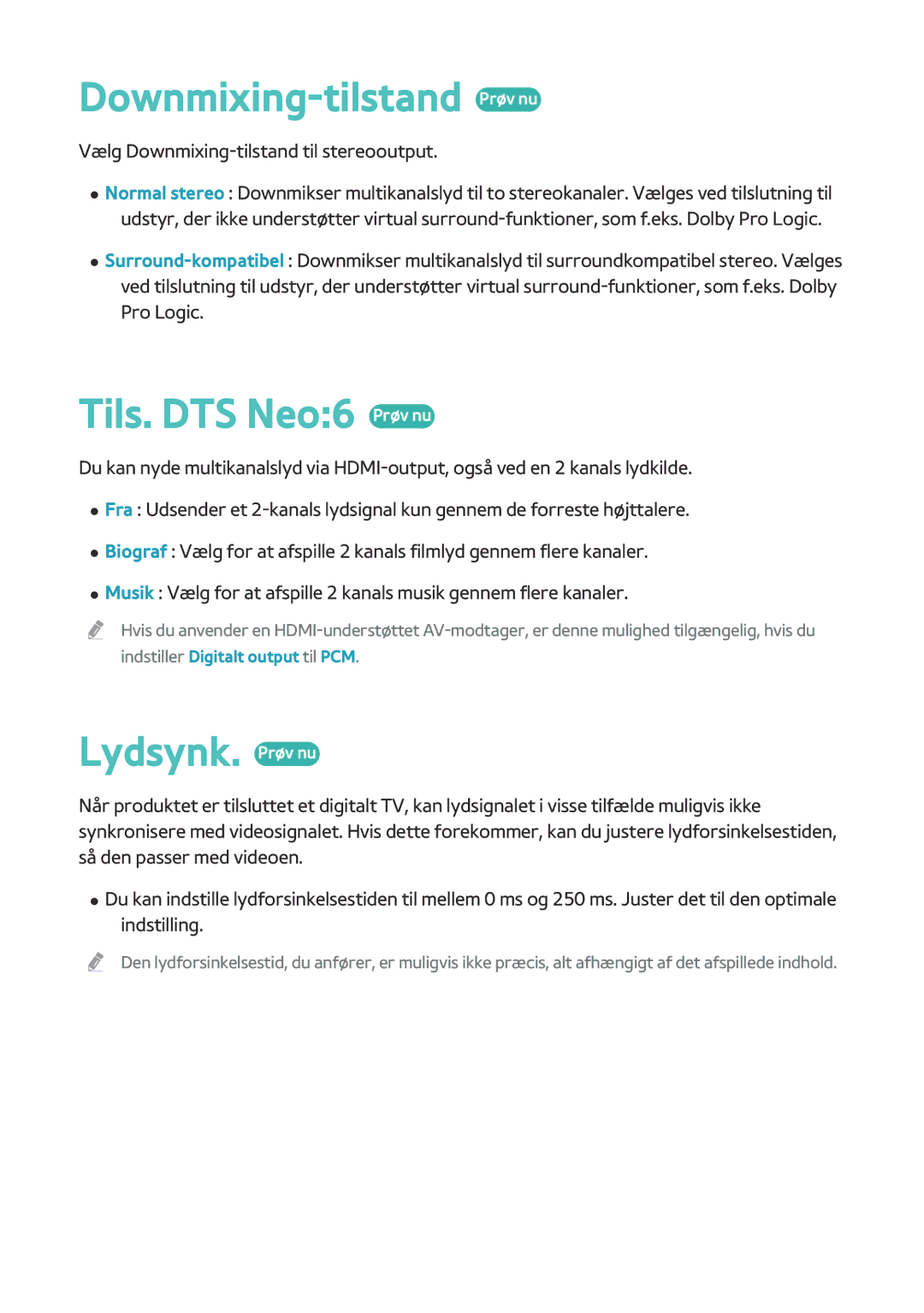 Samsung BD-H8500N/XE, BD-H8900N/XE manual Downmixing-tilstand Prøv nu, Tils. DTS Neo6 Prøv nu, Lydsynk. Prøv nu 