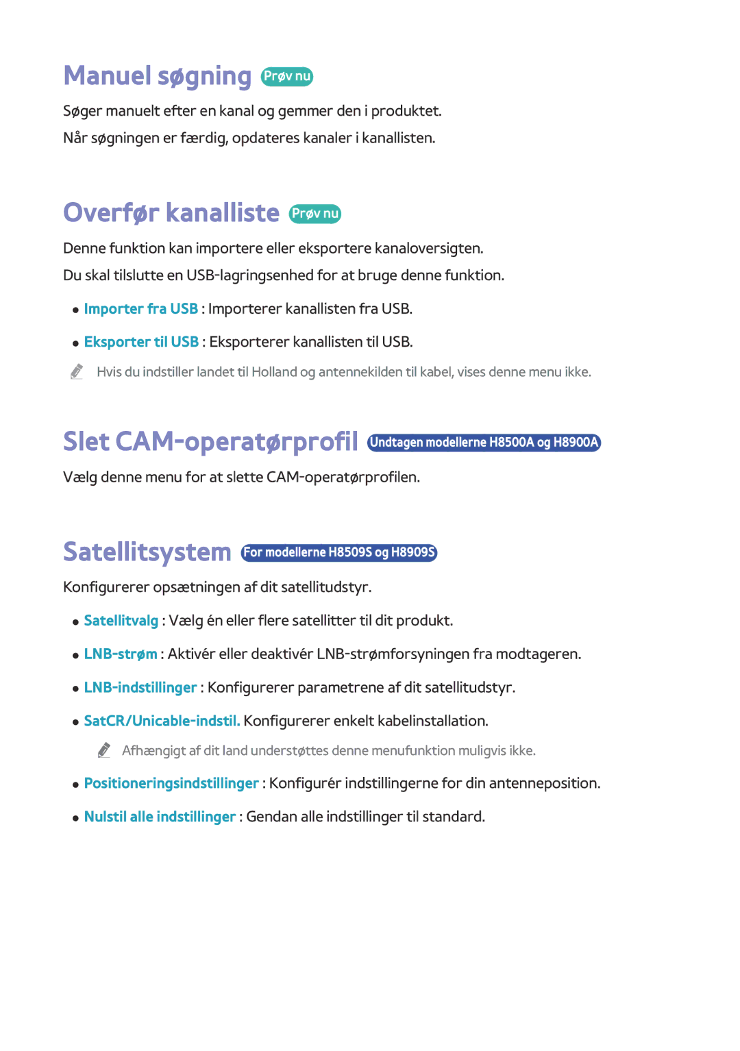 Samsung BD-H8900N/XE, BD-H8500N/XE manual Manuel søgning Prøv nu, Overfør kanalliste Prøv nu 