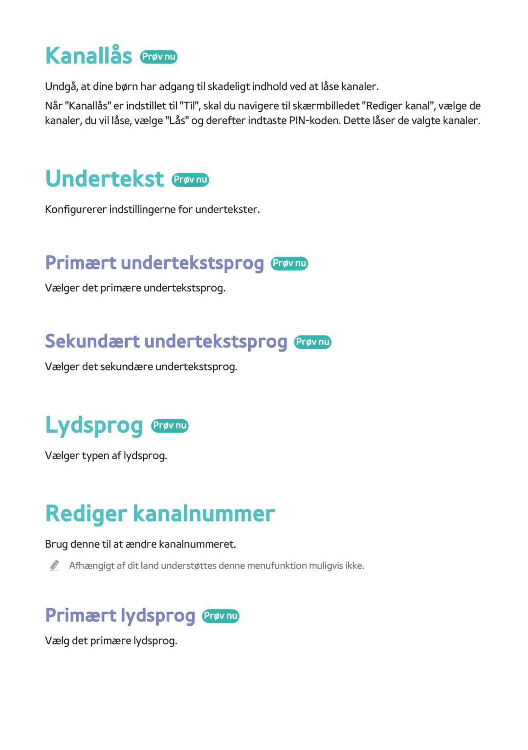 Samsung BD-H8500N/XE, BD-H8900N/XE manual Kanallås Prøv nu, Undertekst Prøv nu, Lydsprog Prøv nu, Rediger kanalnummer 