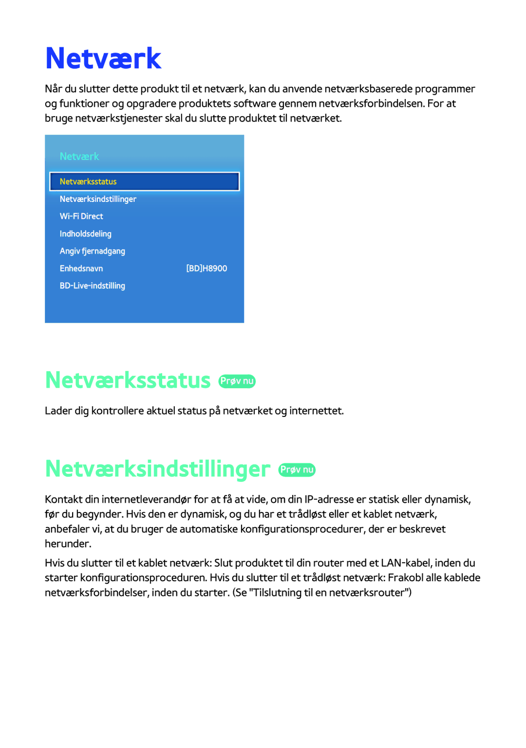 Samsung BD-H8900N/XE, BD-H8500N/XE manual Netværksstatus Prøv nu, Netværksindstillinger Prøv nu 