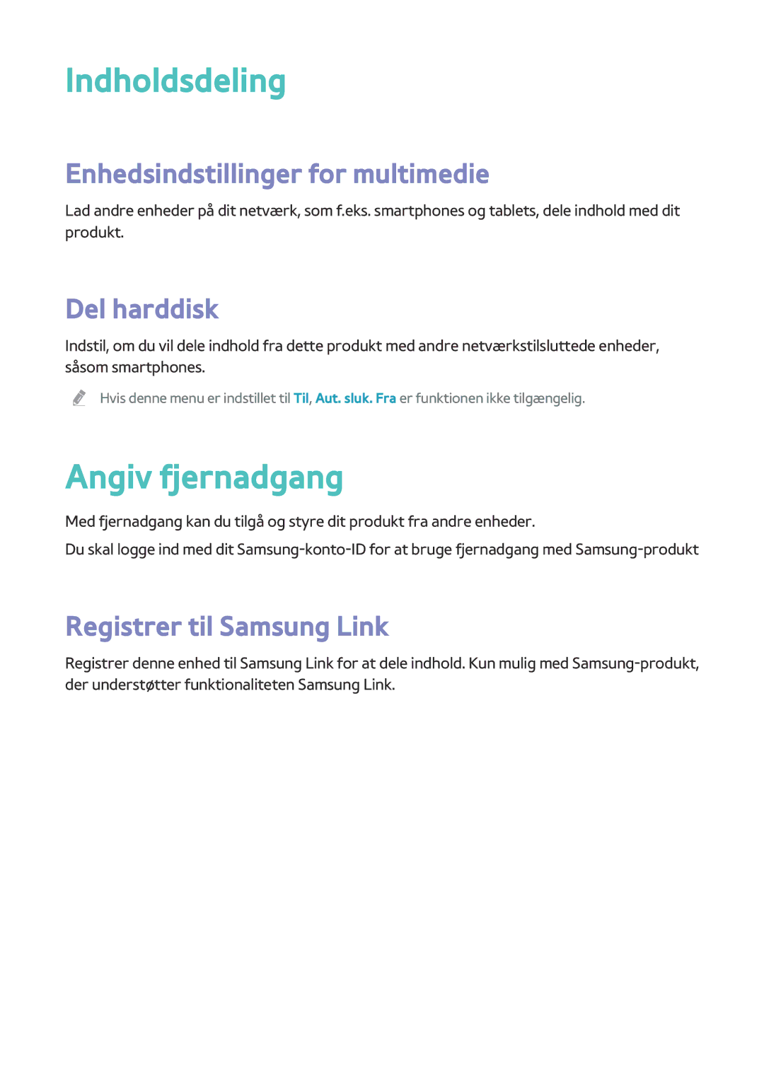 Samsung BD-H8900N/XE, BD-H8500N/XE Indholdsdeling, Angiv fjernadgang, Enhedsindstillinger for multimedie, Del harddisk 