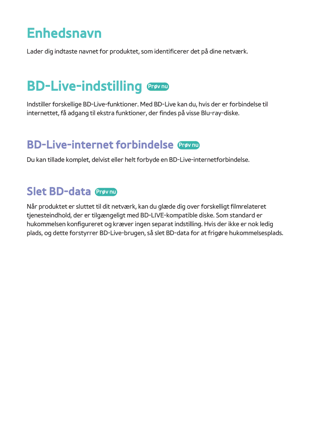 Samsung BD-H8500N/XE Enhedsnavn, BD-Live-indstilling Prøv nu, BD-Live-internet forbindelse Prøv nu, Slet BD-data Prøv nu 