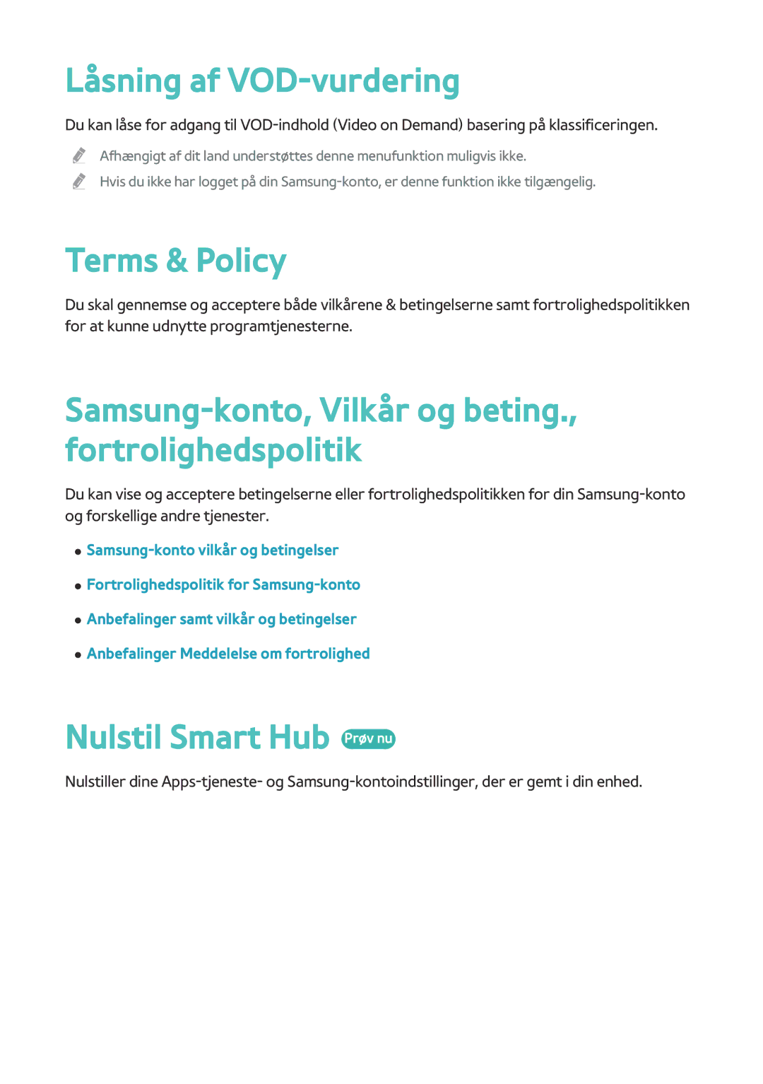 Samsung BD-H8500N/XE Låsning af VOD-vurdering, Terms & Policy, Samsung-konto, Vilkår og beting., fortrolighedspolitik 