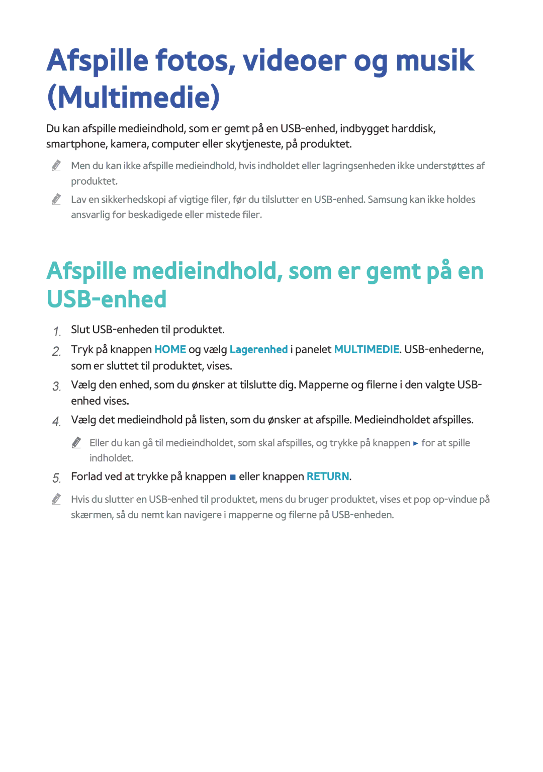 Samsung BD-H8900N/XE manual Afspille fotos, videoer og musik Multimedie, Afspille medieindhold, som er gemt på en USB-enhed 