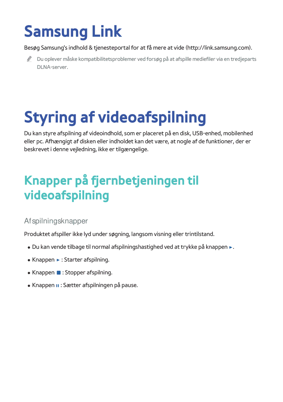 Samsung BD-H8900N/XE manual Samsung Link, Styring af videoafspilning, Knapper på fjernbetjeningen til videoafspilning 