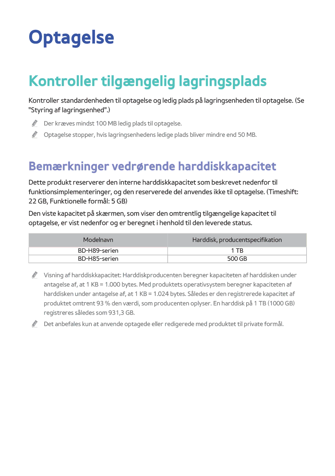 Samsung BD-H8500N/XE manual Optagelse, Kontroller tilgængelig lagringsplads, Bemærkninger vedrørende harddiskkapacitet 