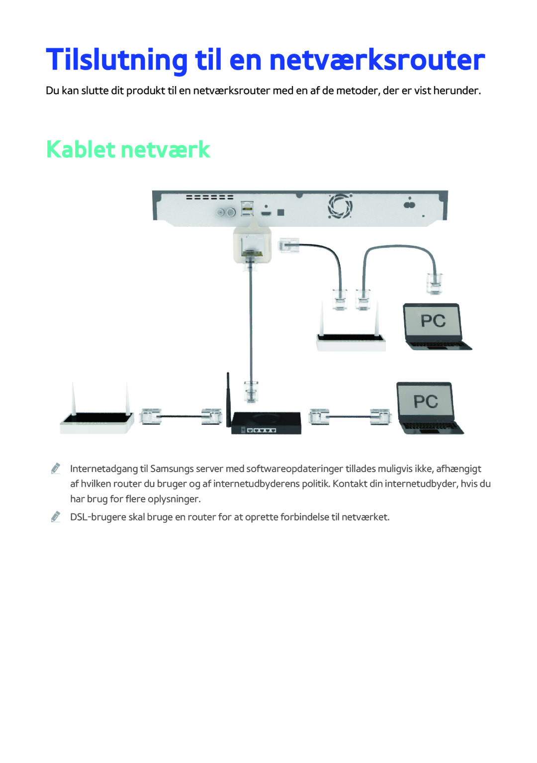 Samsung BD-H8900N/XE, BD-H8500N/XE manual Tilslutning til en netværksrouter, Kablet netværk 