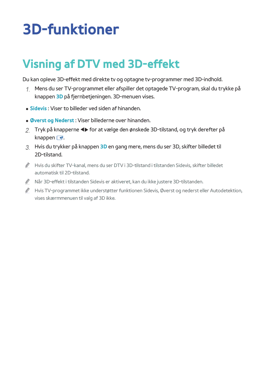 Samsung BD-H8500N/XE, BD-H8900N/XE manual 3D-funktioner, Visning af DTV med 3D-effekt 