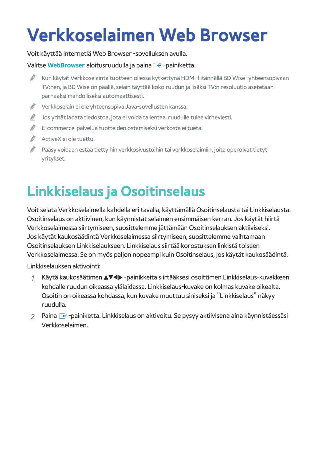 Samsung BD-H8900N/XE, BD-H8500N/XE manual Verkkoselaimen Web Browser, Linkkiselaus ja Osoitinselaus 