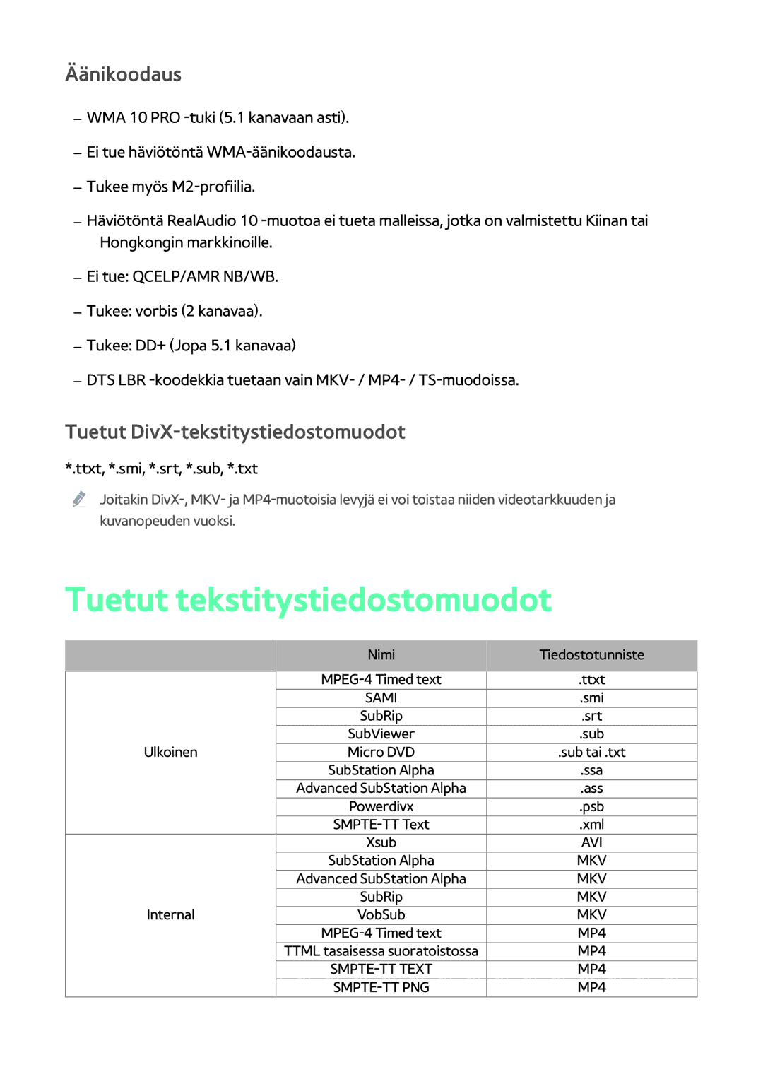 Samsung BD-H8500N/XE, BD-H8900N/XE manual Tuetut tekstitystiedostomuodot, Äänikoodaus, Tuetut DivX-tekstitystiedostomuodot 