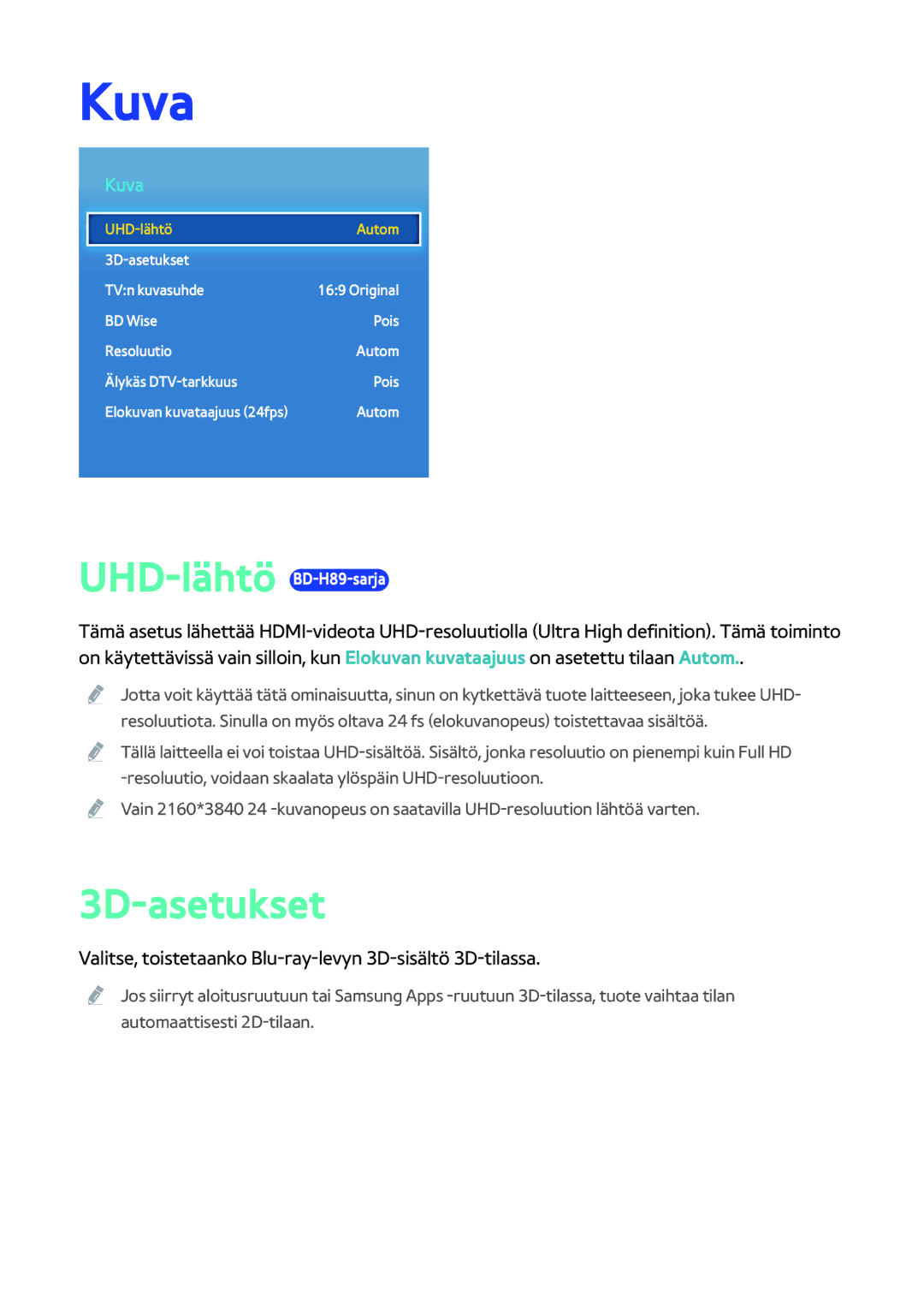 Samsung BD-H8500N/XE, BD-H8900N/XE manual Kuva, 3D-asetukset, Valitse, toistetaanko Blu-ray-levyn 3D-sisältö 3D-tilassa 